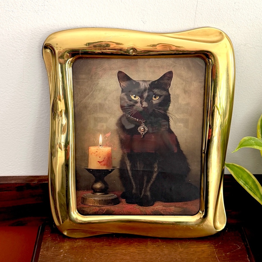 Black Cat Victorian Style Candle Spooky Creepy Portrait Vintage Brass Framed Art
